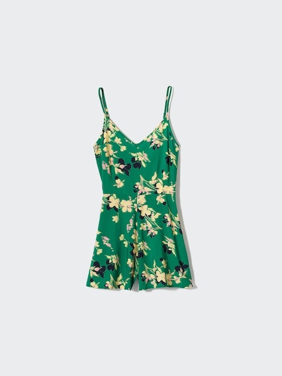 Uniqlo Pants - Uniqlo Green Floral V-Neck Romper with Spaghetti Straps